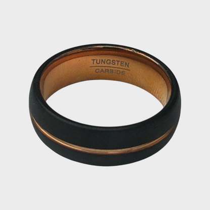 Tungsten Carbide Men Ring Band with Black and Rose Gold Design