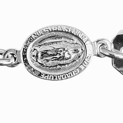 Cuban Kids ID Plate with Virgen Maria Silver 925 Bracelet 6"L Silver 925, Unisex- Great for older Kids 6 to 10 years