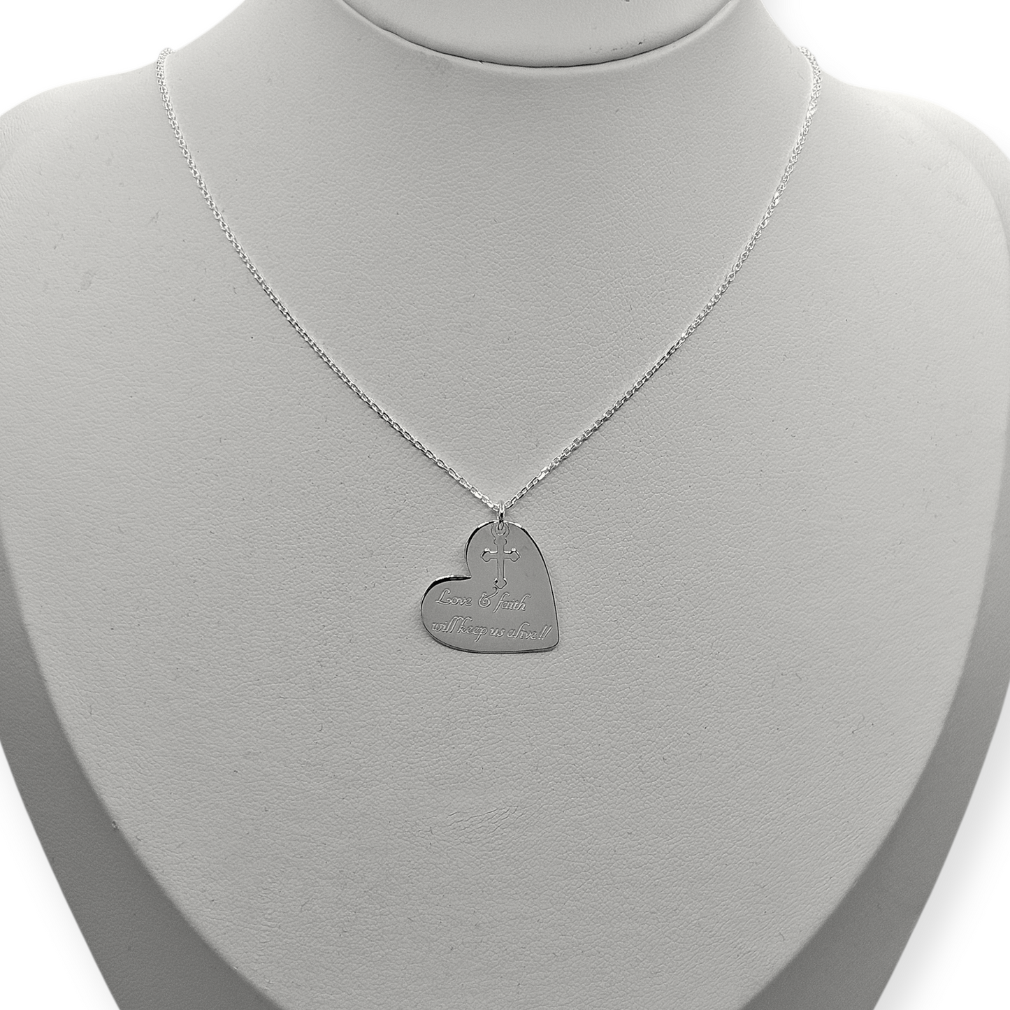 Hearth Necklace with Love & Faith Engraving Silver 925, 16" L Rollo Link Chain