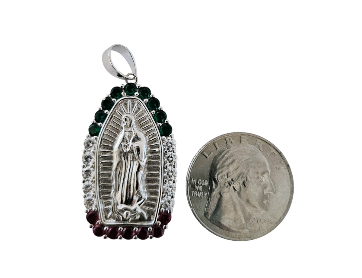 Silver Pendant of Virgin Mary with Green, White and Red Cubic Zirconias