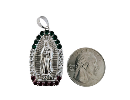 Silver Pendant of Virgin Mary with Green, White and Red Cubic Zirconias