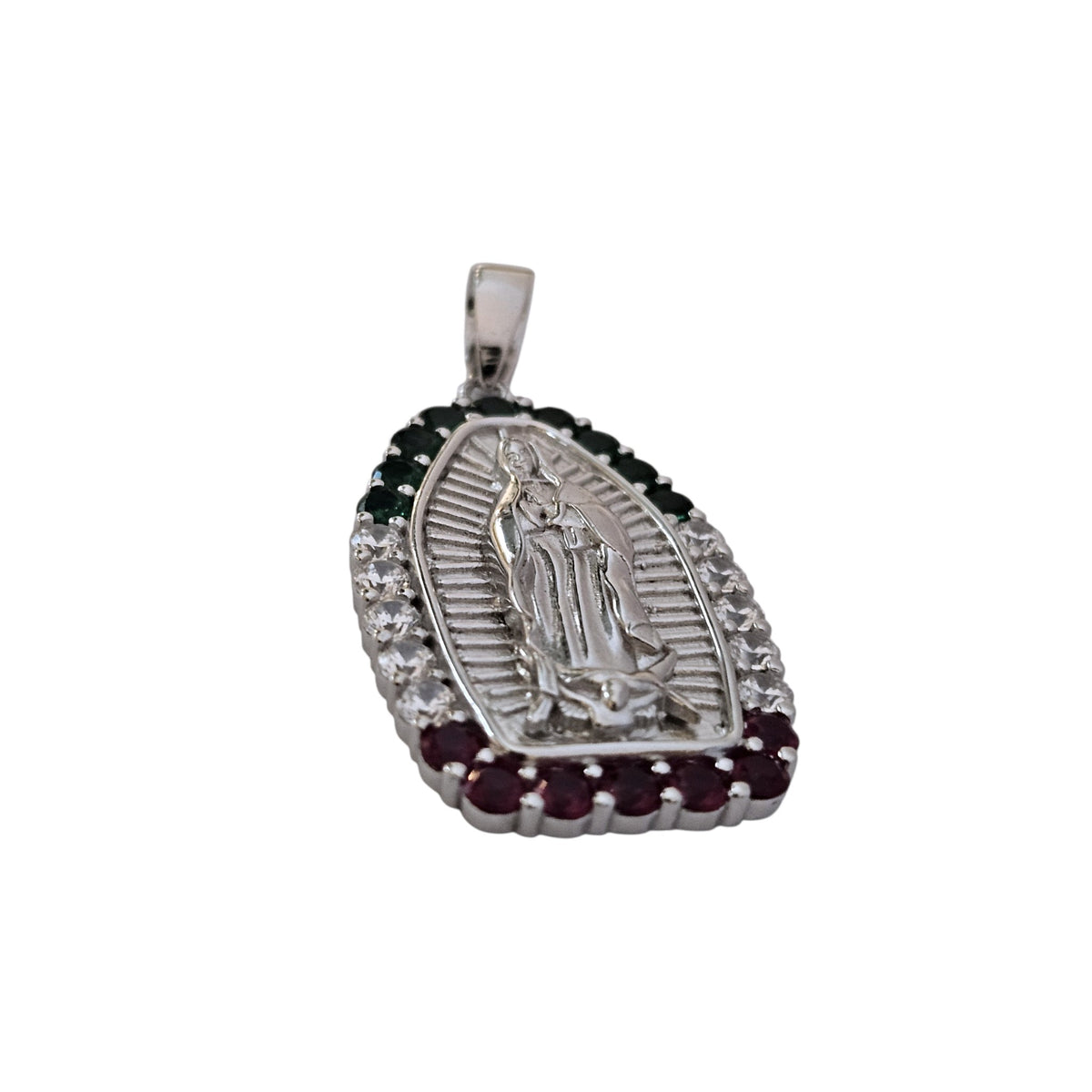 Silver Pendant of Virgin Mary with Green, White and Red Cubic Zirconias