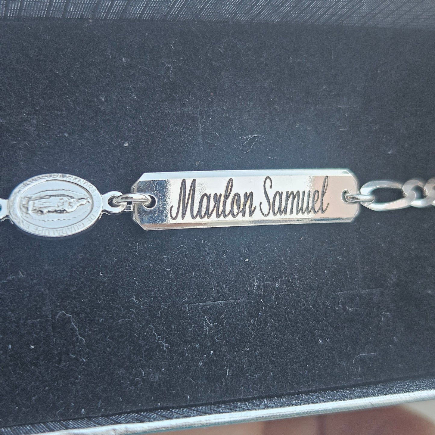Kids ID Plate with Virgen Maria Silver Bracelet 6"L Silver 925, Figaro Unisex- Great for older Kids 6 to 10 years