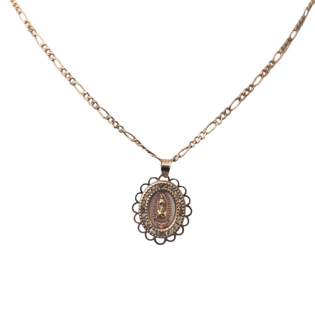 14K Virgen Maria Necklace 18" L Figaro Chain