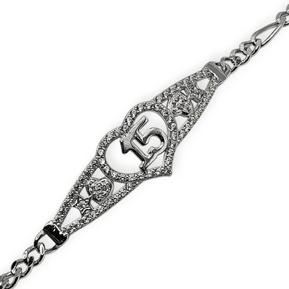 15th Birthday Silver Bracelet Figaro Chain Style Bracelet