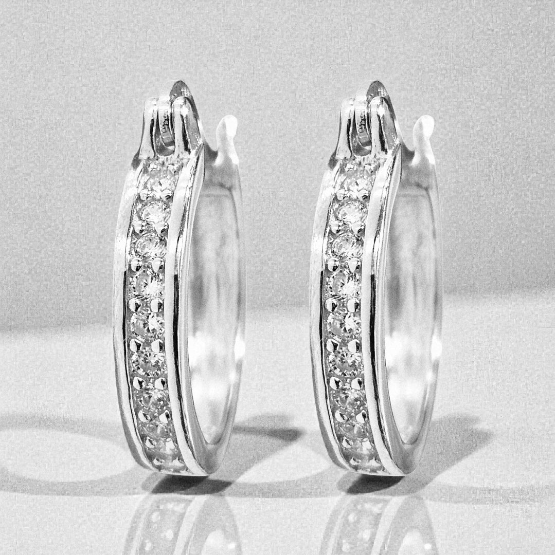 Flat Hoop Earrings Silver S925 14mm and 16mm with White Cubic Zirconia Stones