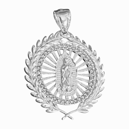 Virgin Mary Laurel Wreath Round Pendant Silver Virgen Maria Dije de Plata 925