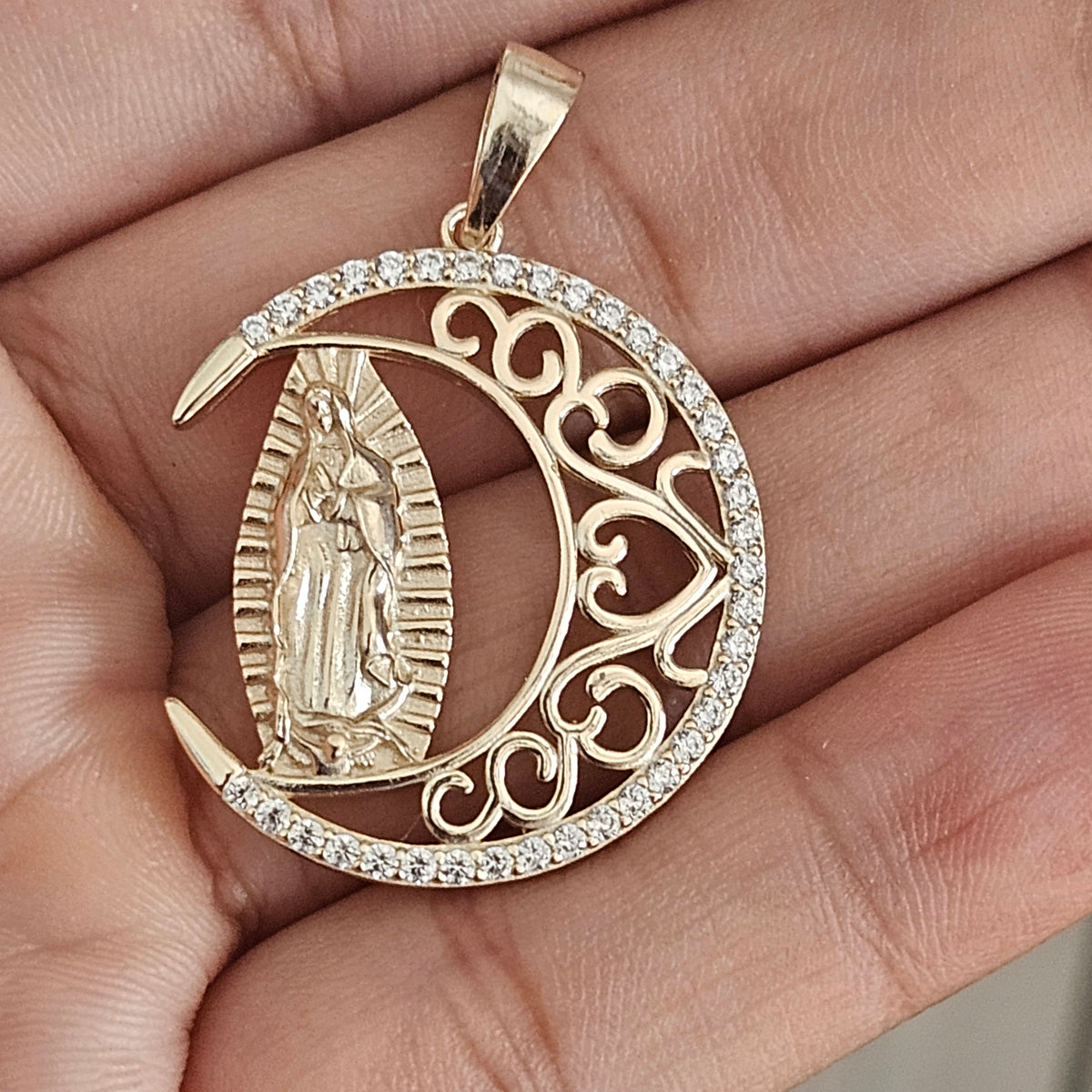 Crescent Moon with Virgin Mary Pendant Silver or Silver with 14K Gold Plating
