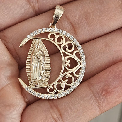 Crescent Moon with Virgin Mary Pendant Silver or Silver with 14K Gold Plating