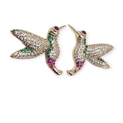 Hummingbird Stud Earrings 14K Gold Plated over Silver 925 Multicolor Cubic Zirconia for Women