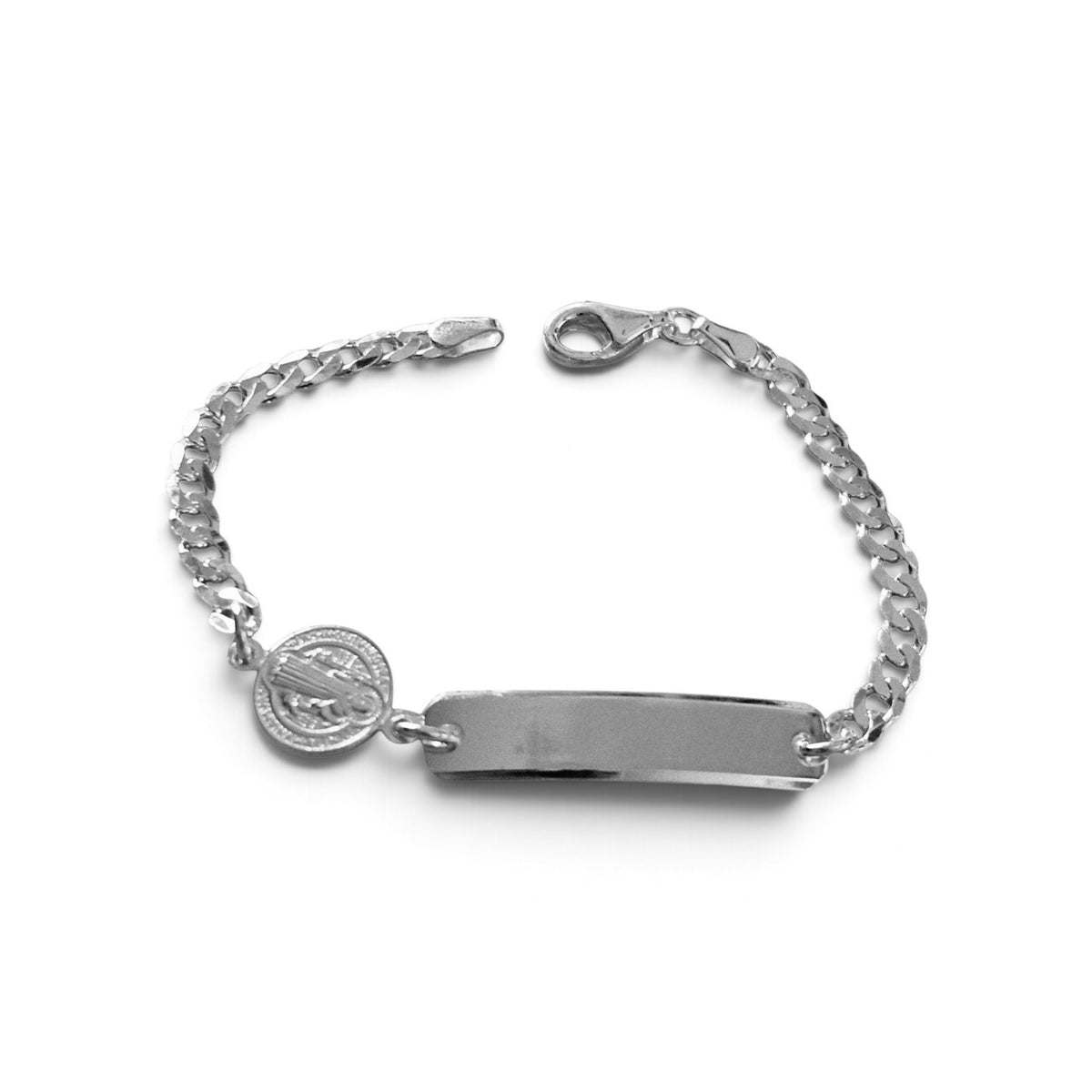 Cuban Kids ID Plate Bracelet with Saint Benedict Medallion 6"L Silver 925, Unisex- Great for older Kids 6 to 10 years