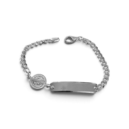 Cuban Kids ID Plate Bracelet with Saint Benedict Medallion 6"L Silver 925, Unisex- Great for older Kids 6 to 10 years