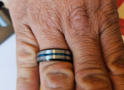 Men Ring with Blue and Black Lines Design