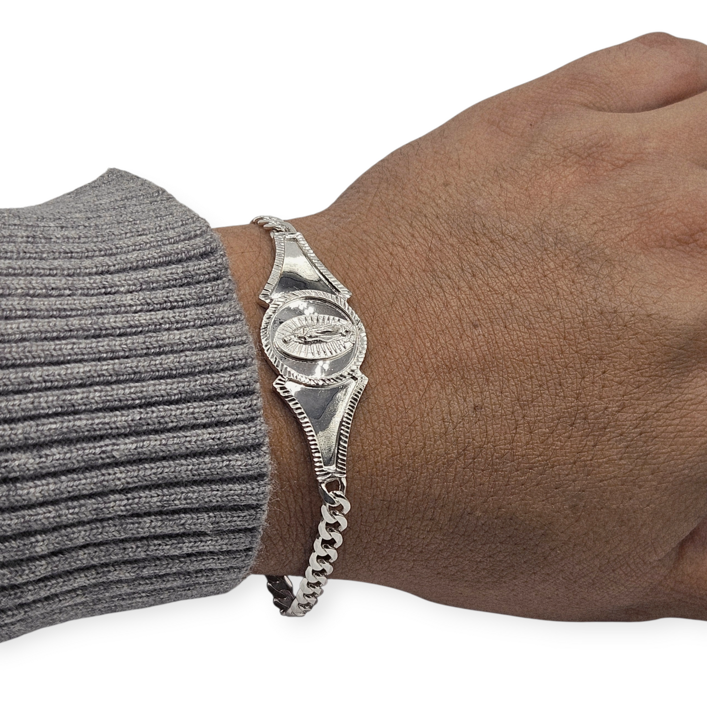 925 Silver Virgen Mary Bracelet 7"L for Women Cuban Style Bracelet