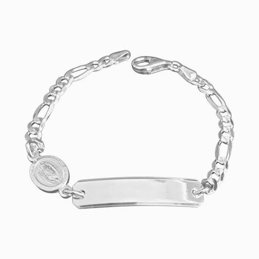 Kids ID Plate with Virgen Maria Silver Bracelet 6"L Silver 925, Figaro Unisex- Great for older Kids 6 to 10 years