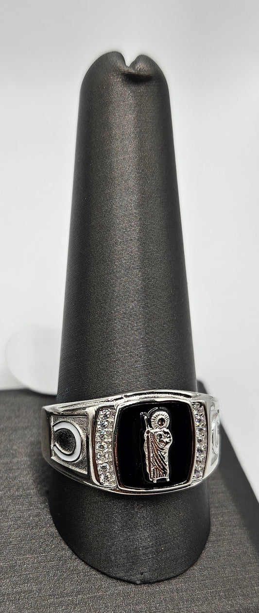Men Ring with San Judas and White Cubic Zirconia