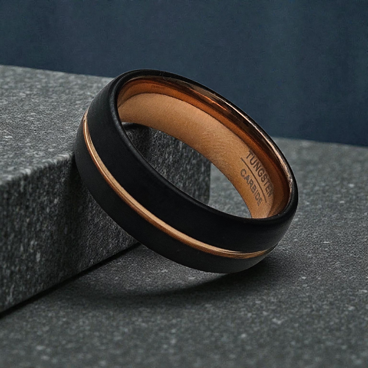 Tungsten Carbide Men Ring Band with Black and Rose Gold Design