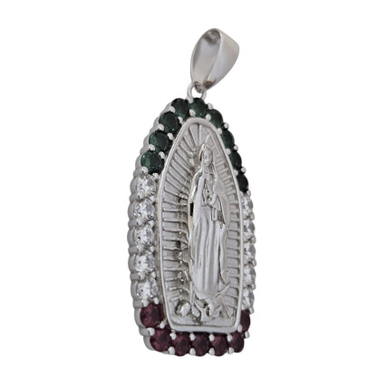 Silver Pendant of Virgin Mary with Green, White and Red Cubic Zirconias