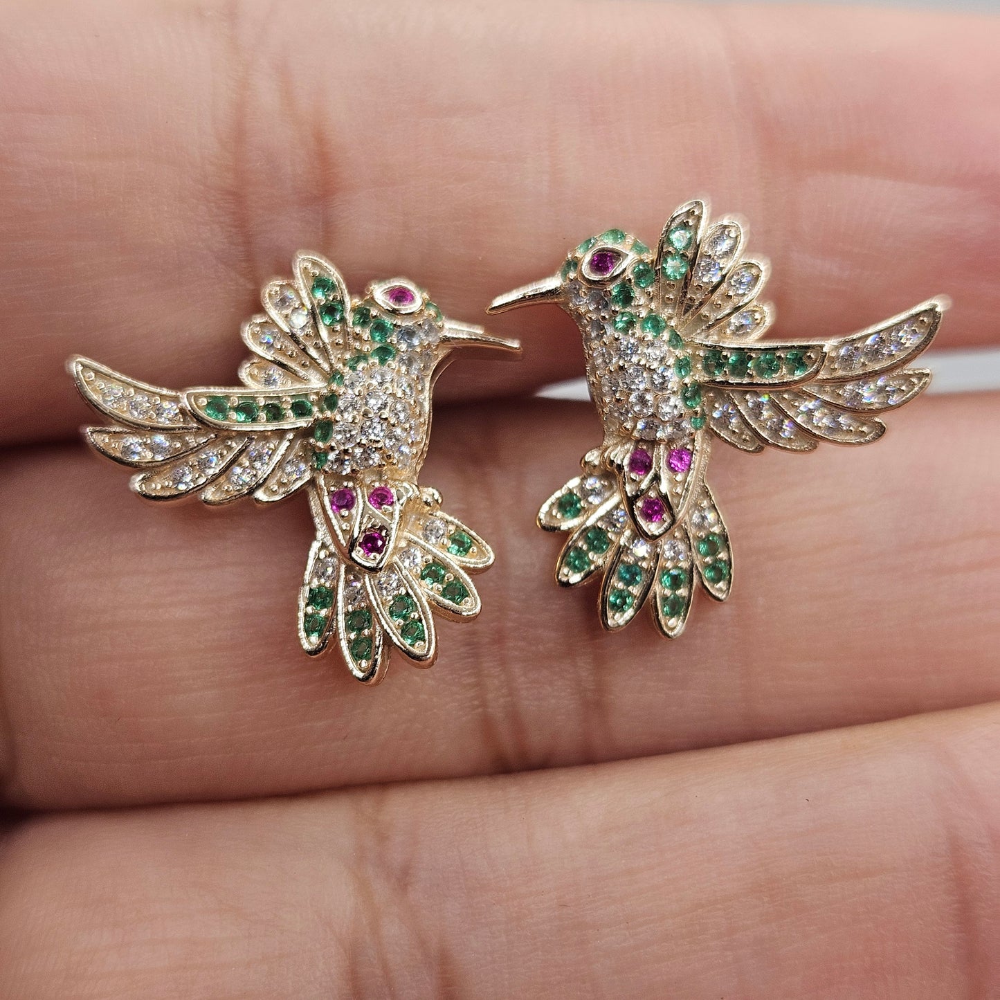 Hummingbird Stud Earrings 14K Gold Plated over Silver 925 Colorful Cubic Zirconia for Women