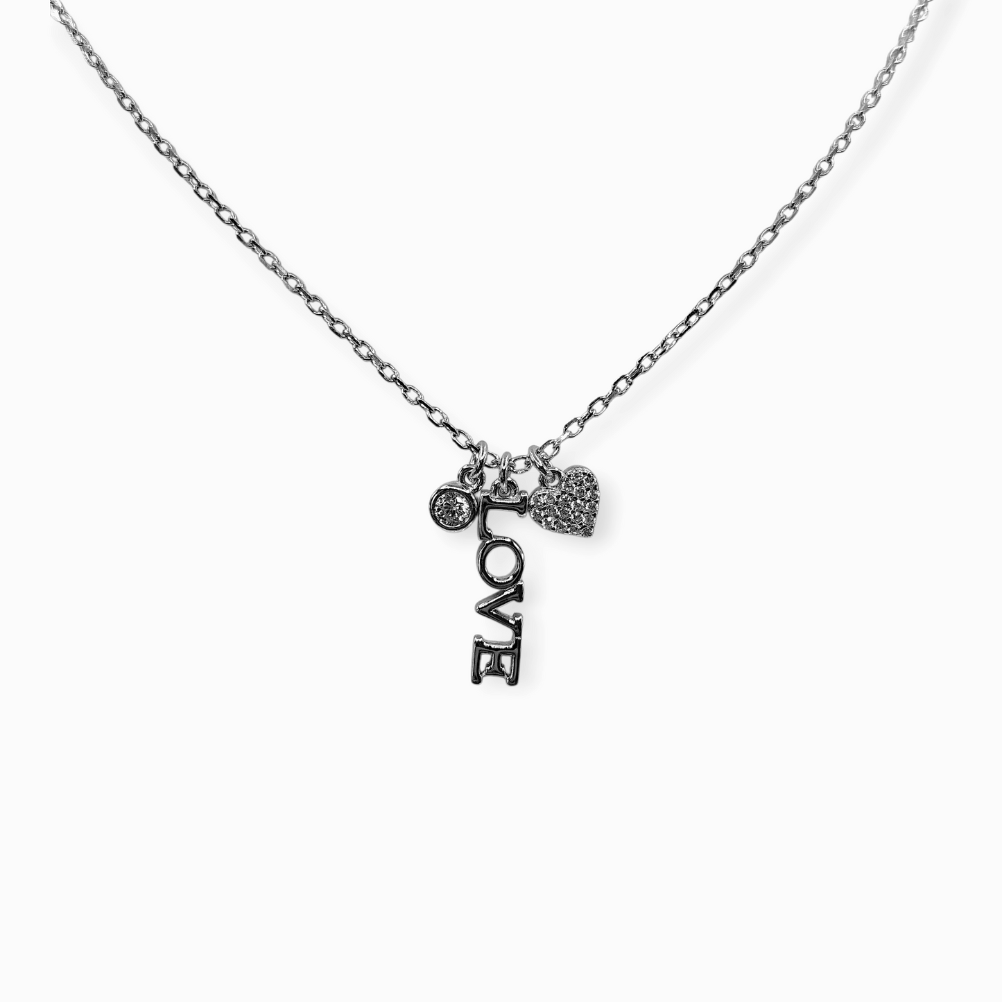 Love and Heart Charm Silver 925 Necklace 16" L Rollo Link Chain