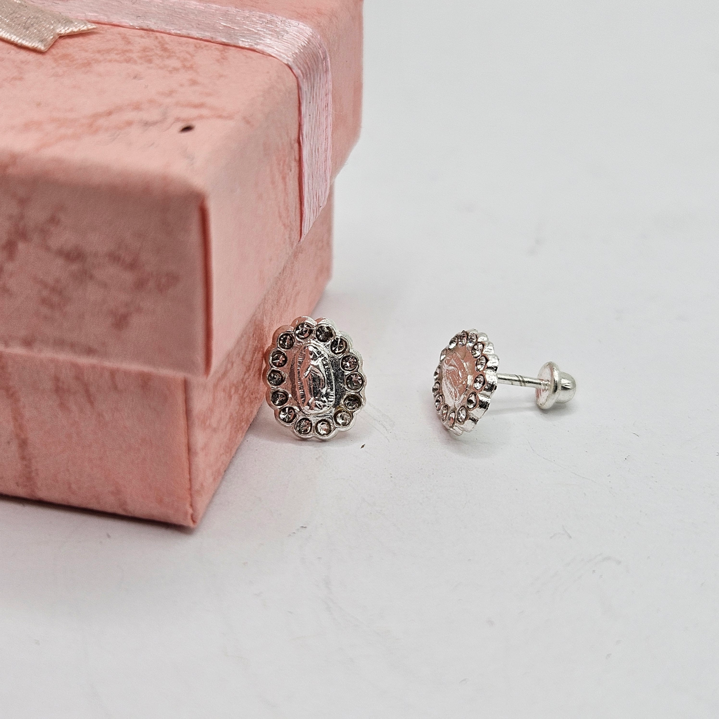 Virgen De Guadalupe S925 Silver Baby Earrings with White CZ