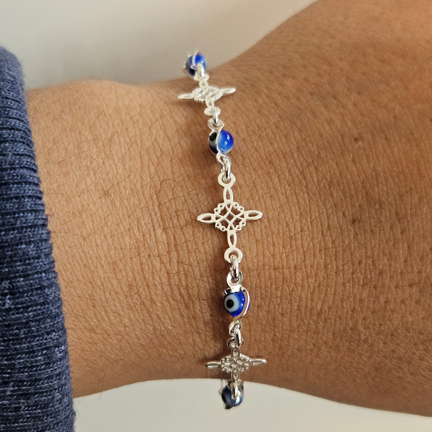 Blue Evil eye Bracelet Sterling Silver S925 with Witch's Knot Nudo de Bruja