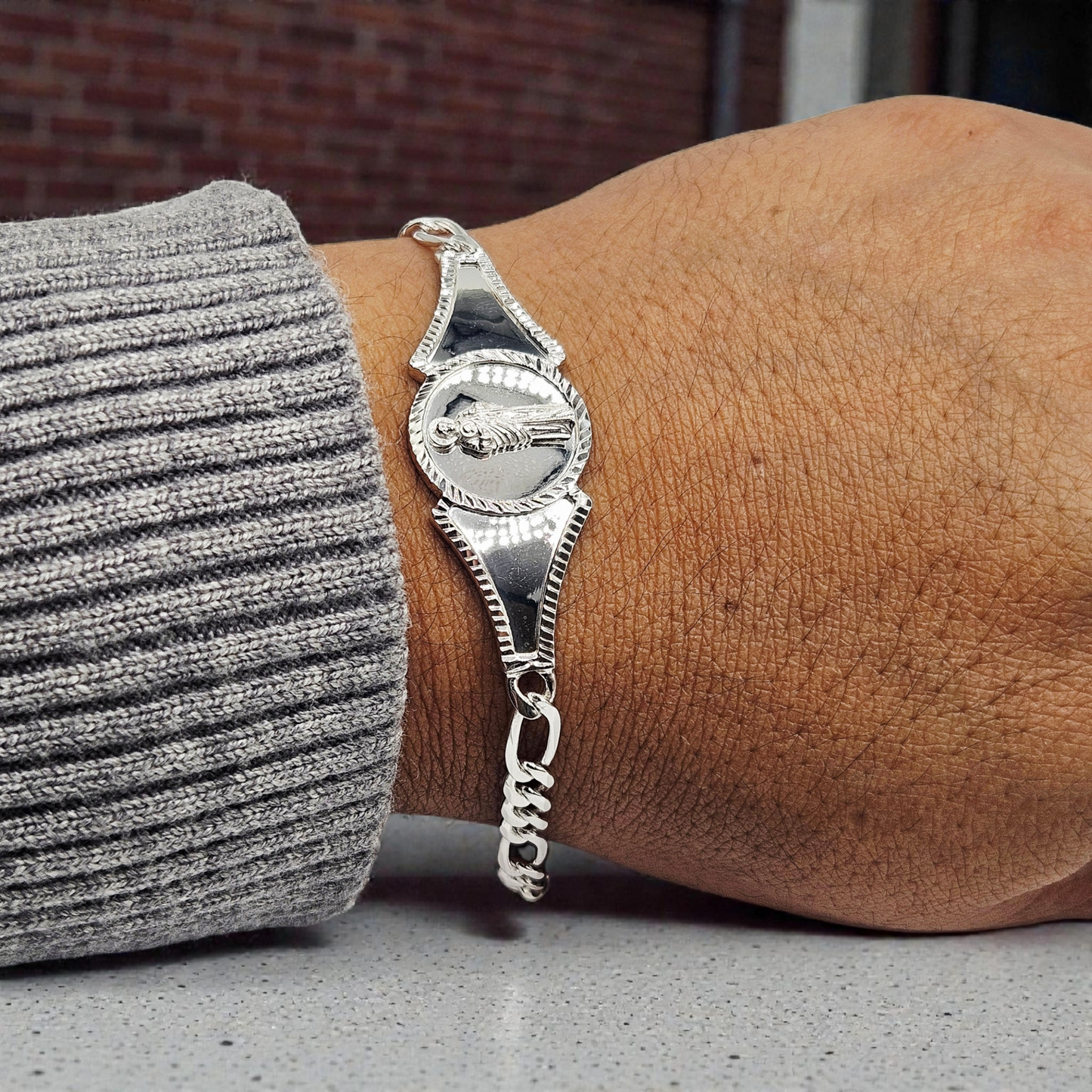 Saint Jude Silver 925 Bracelet 7"L for Women Figaro Chain Style Bracelet