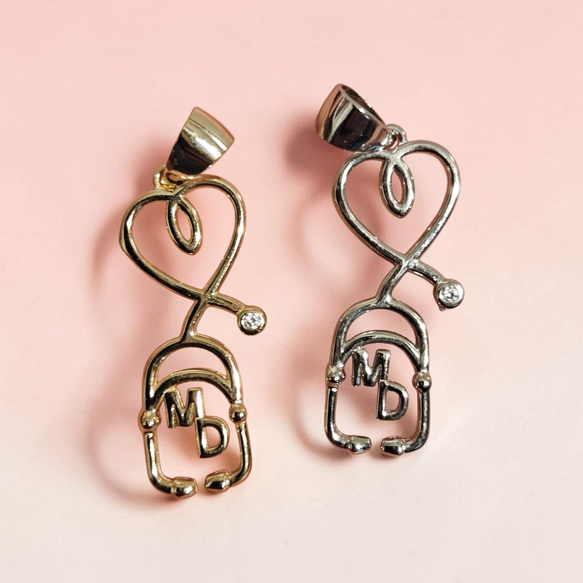 Medical Doctor MD Heart Stethoscope Silver Pendant or Gold-Plated over Silver