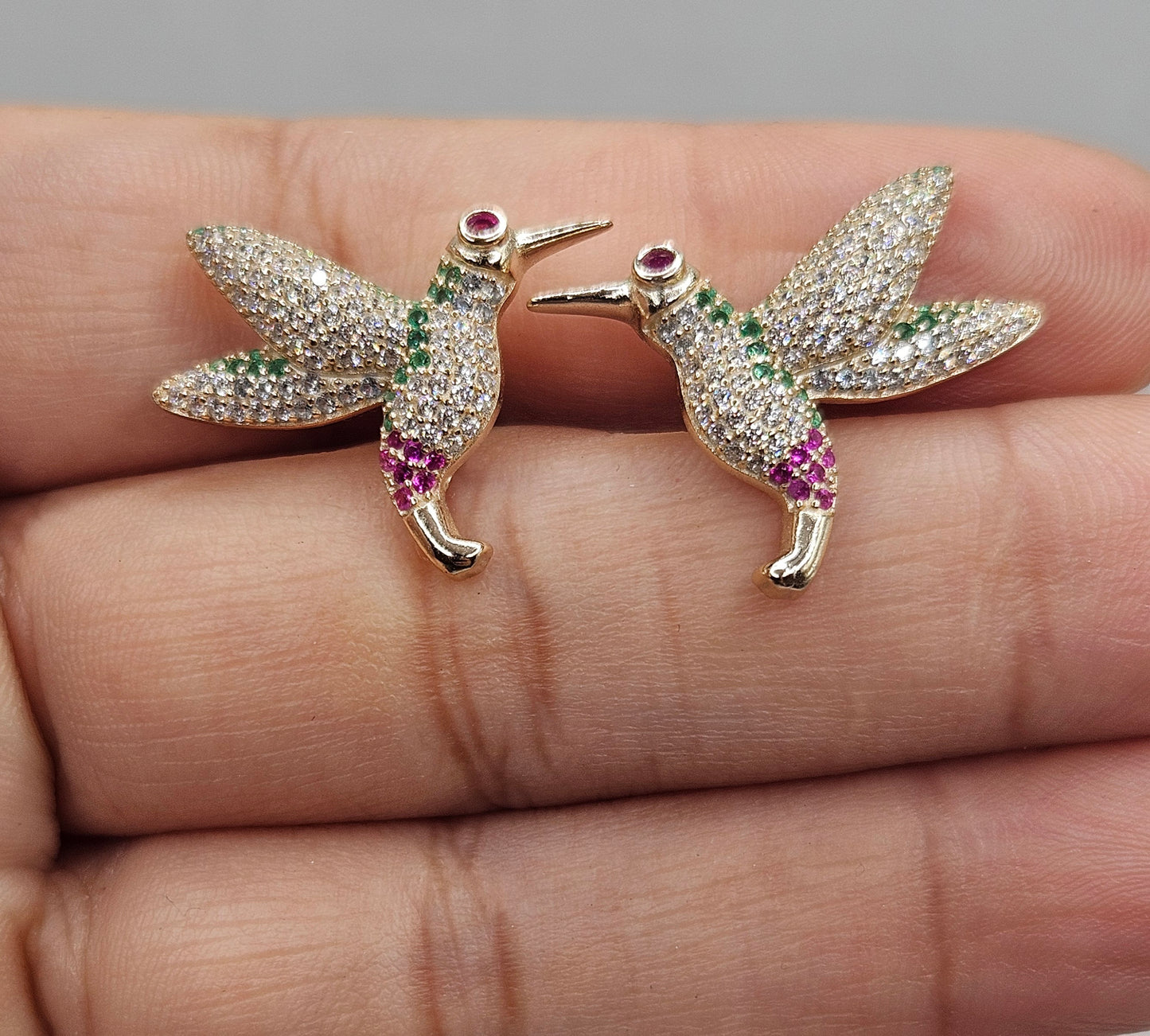 Hummingbird Stud Earrings 14K Gold Plated over Silver 925 Multicolor Cubic Zirconia for Women