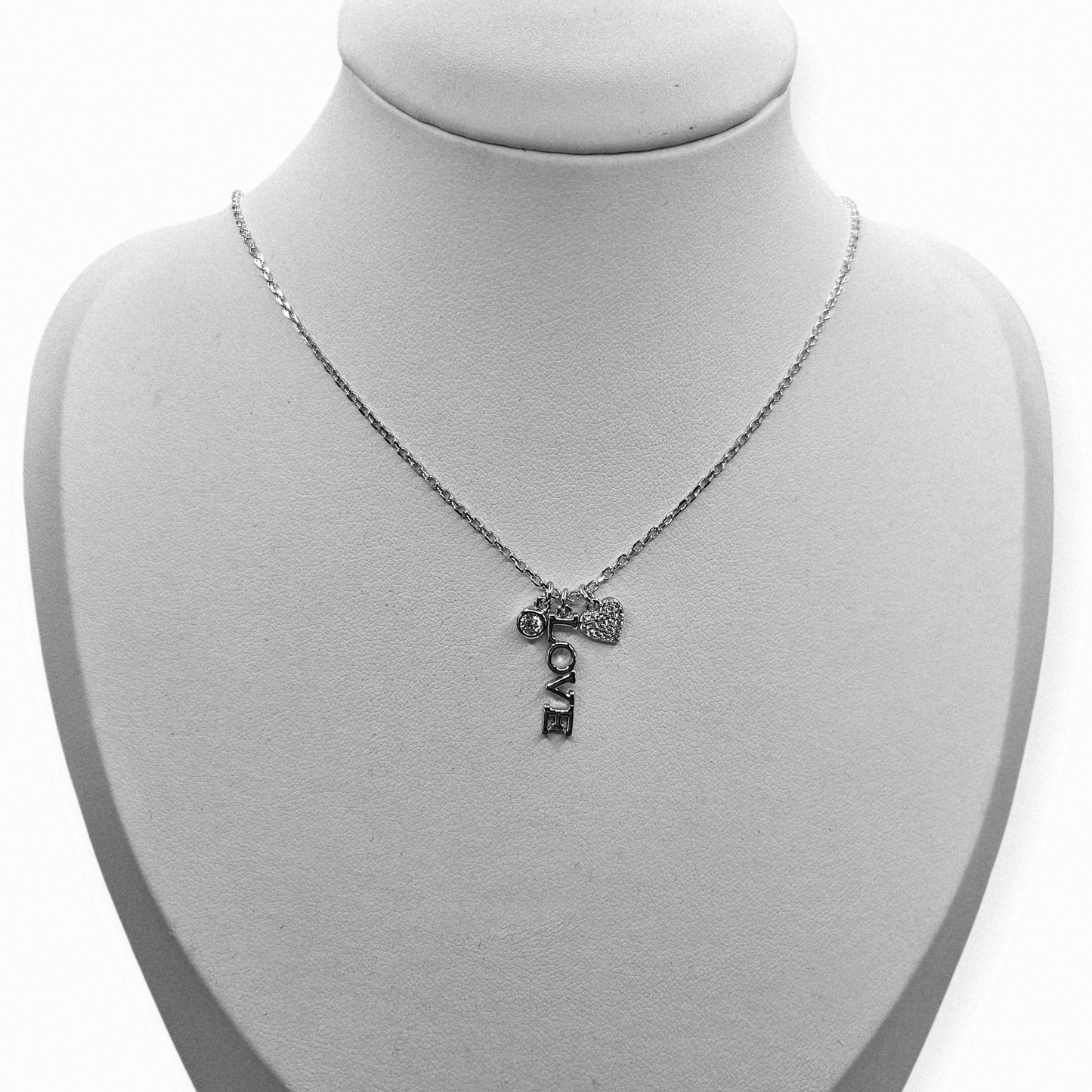 Love and Heart Charm Silver 925 Necklace 16" L Rollo Link Chain