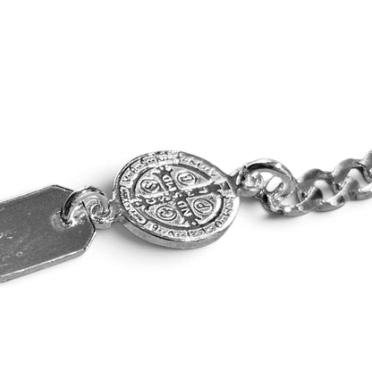 Kids ID Plate Bracelet with Saint Benedict 6"L Silver 925, Figaro Unisex- Great for older Kids 6 to 10 years