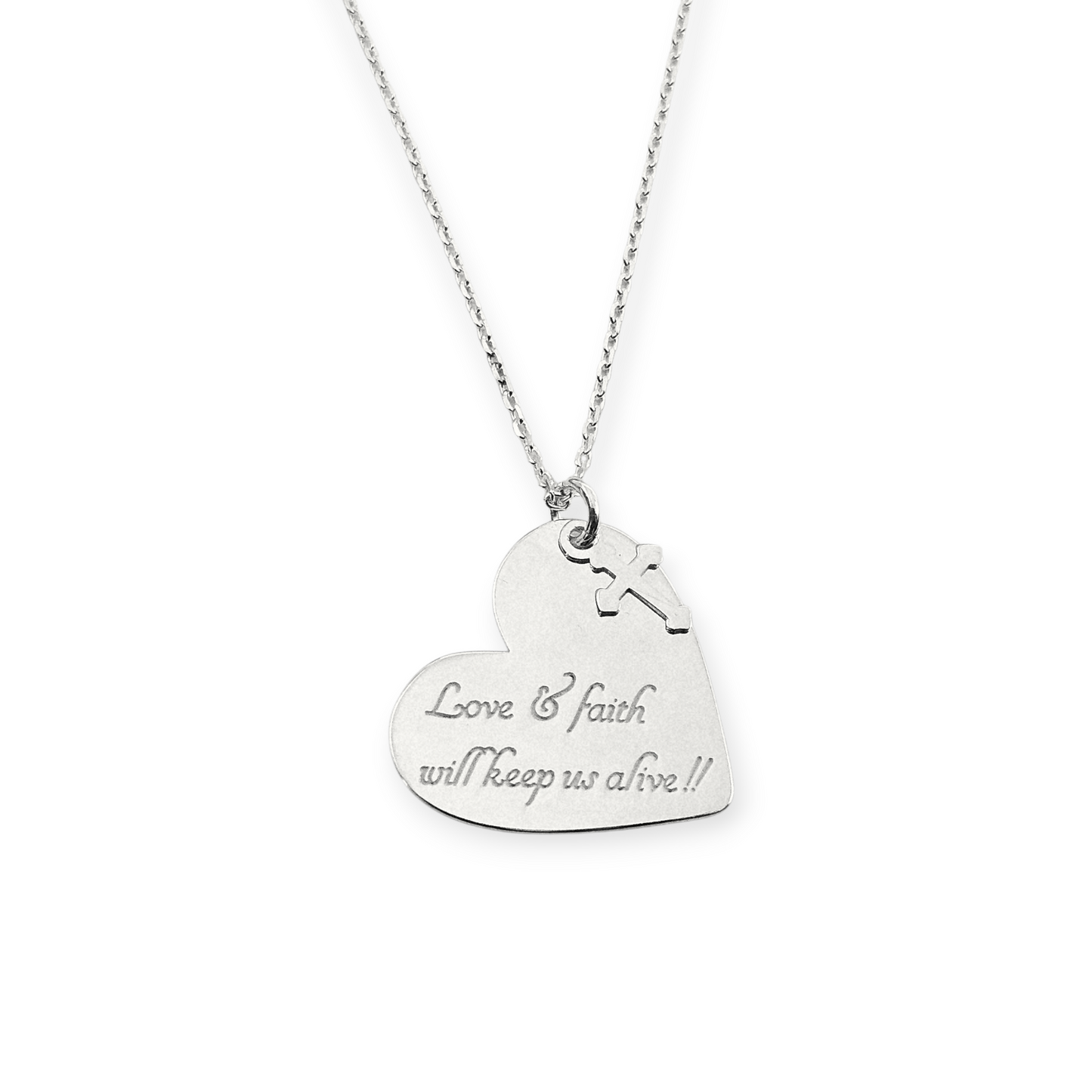 Hearth Necklace with Love & Faith Engraving Silver 925, 16" L Rollo Link Chain