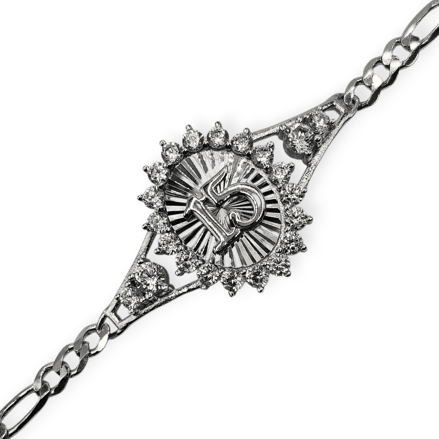 Silver 15th Birthday Bracelet Figaro Chain Style Bracelet 7.5"L