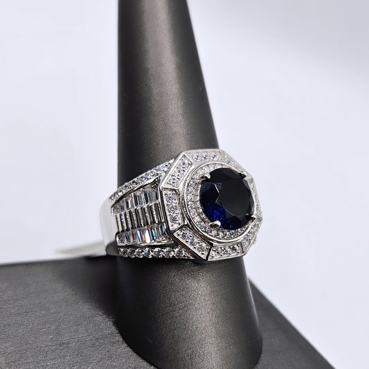 Men Ring with White and Round Blue Cubic Zirconias