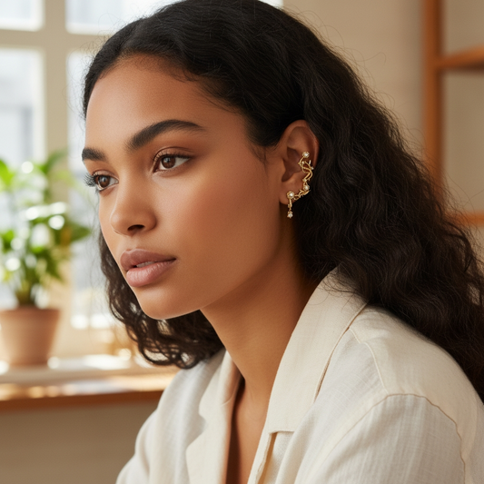 Flower 18K Gold Plated Ear Cuff with Pearls and Cubic Zirconia Stones Adjustable - One Piece