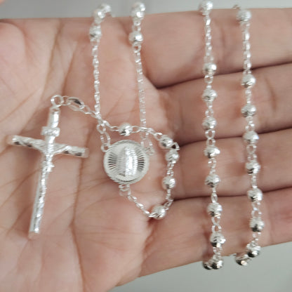 Rosary Necklace Sterling Silver S925 22", 4MM Diamond Cut, Christian Religious Symbol,  Perfect Easter Holiday Gift