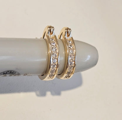 Flat Hoop Earrings 14K Gold Plated over Silver S925 14mm and 16mm with White Cubic Zirconia Stones