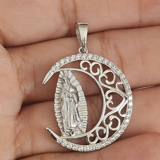 Crescent Moon with Virgin Mary Pendant Silver or Silver with 14K Gold Plating