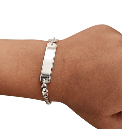 Cuban Kids ID Plate with Virgen Maria Silver 925 Bracelet 6"L Silver 925, Unisex- Great for older Kids 6 to 10 years