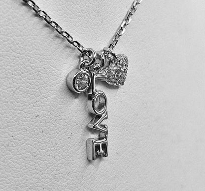 Love and Heart Charm Silver 925 Necklace 16" L Rollo Link Chain