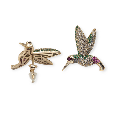 Hummingbird Stud Earrings 14K Gold Plated over Silver 925 Multicolor Cubic Zirconia for Women