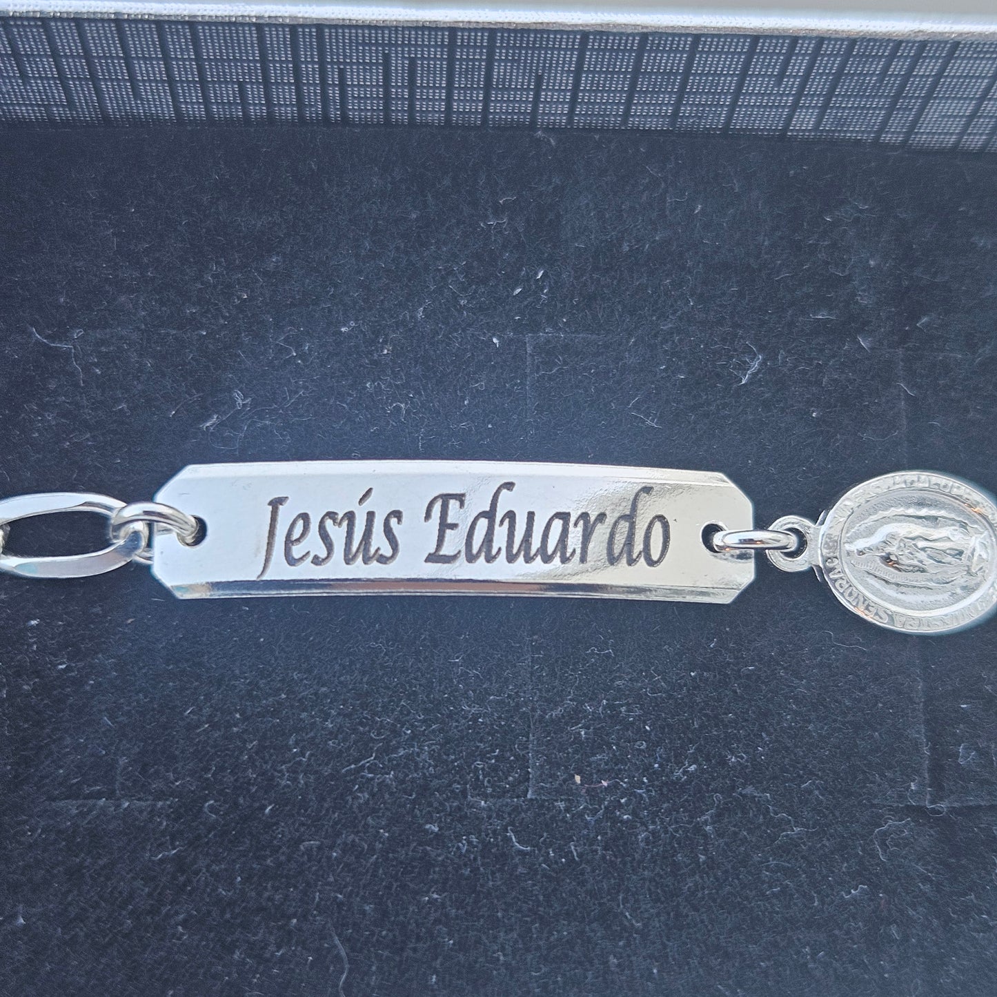 Kids ID Plate with Virgen Maria Silver Bracelet 6"L Silver 925, Figaro Unisex- Great for older Kids 6 to 10 years