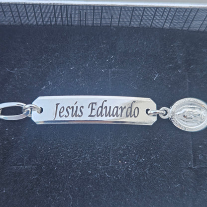 Kids ID Plate with Virgen Maria Silver Bracelet 6"L Silver 925, Figaro Unisex- Great for older Kids 6 to 10 years