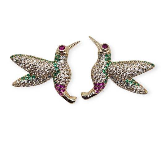 Hummingbird Stud Earrings 14K Gold Plated over Silver 925 Multicolor Cubic Zirconia for Women