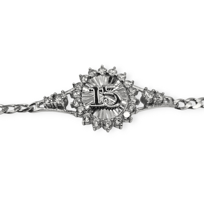 Silver 15th Birthday Bracelet Figaro Chain Style Bracelet 7.5"L