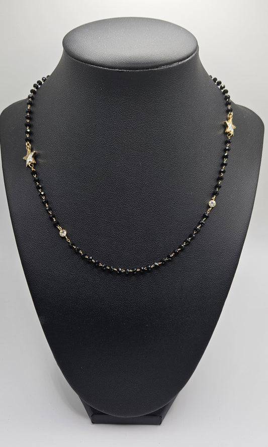 Black Beads Necklace in Stainless Steel 14K Gold Plated