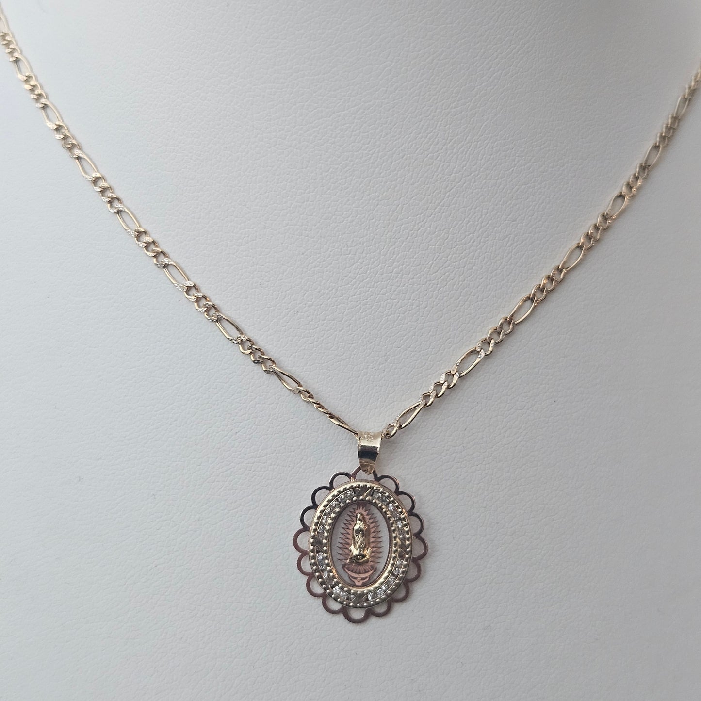 14K Virgen Maria Necklace 18" L Figaro Chain