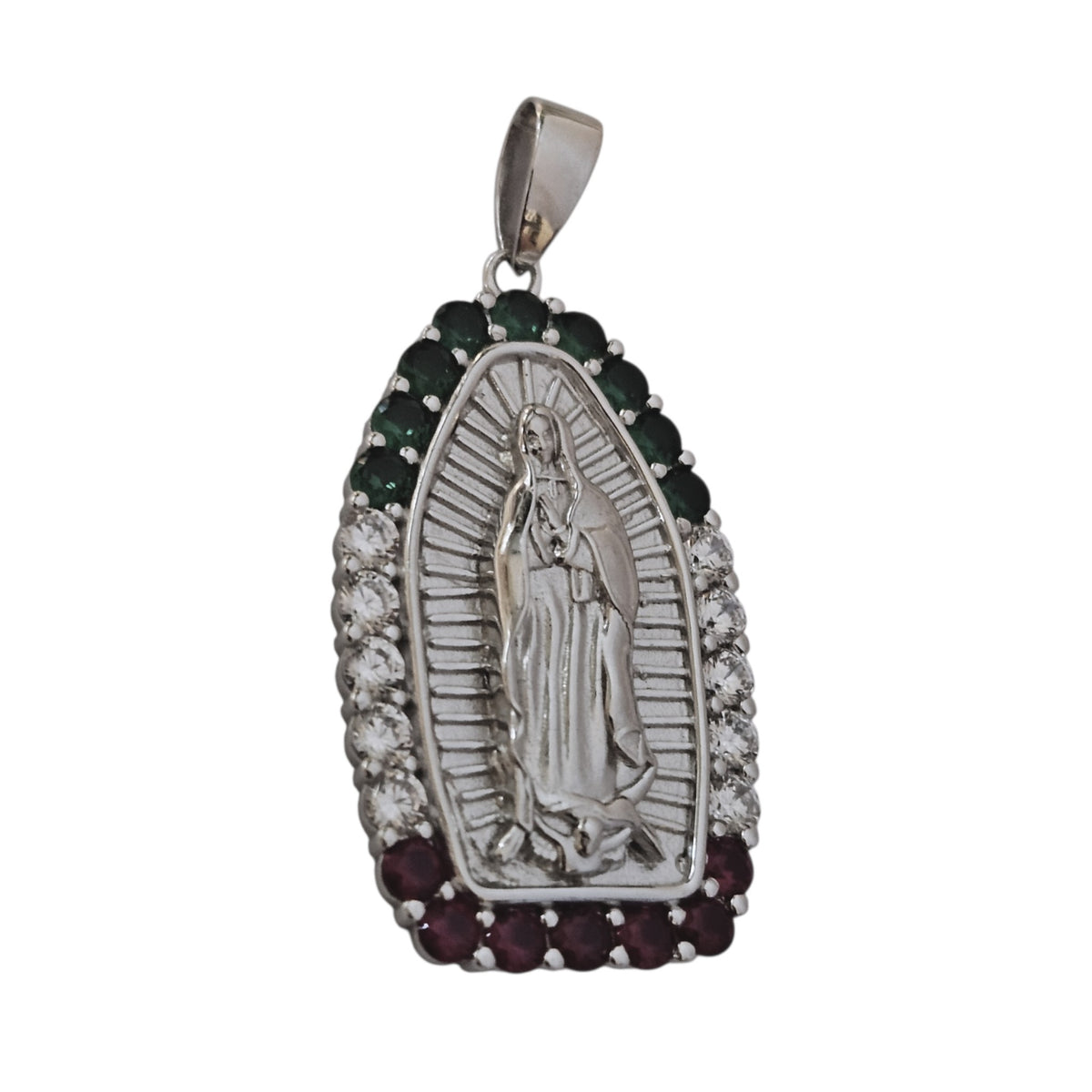 Silver Pendant of Virgin Mary with Green, White and Red Cubic Zirconias