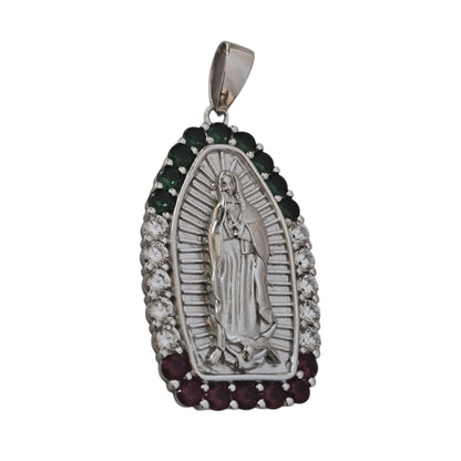 Silver Pendant of Virgin Mary with Green, White and Red Cubic Zirconias