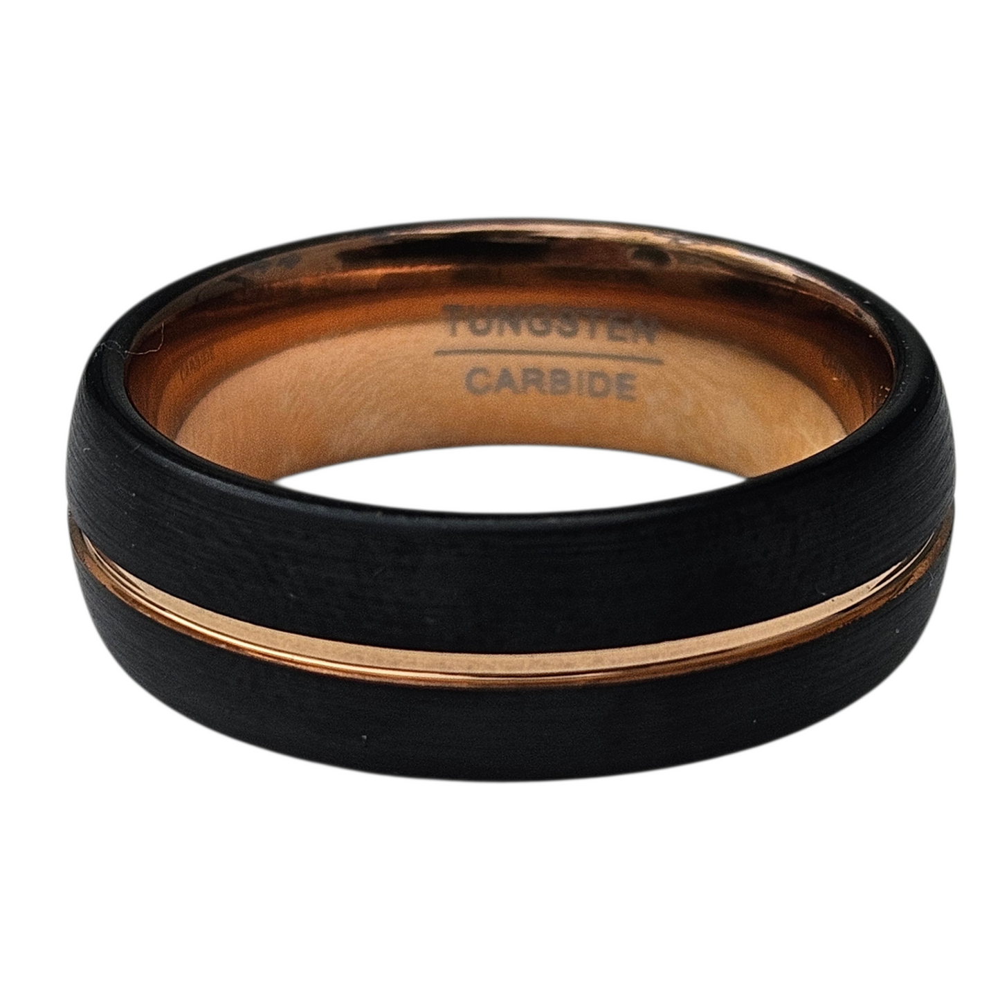 Tungsten Carbide Men Ring Band with Black and Rose Gold Design